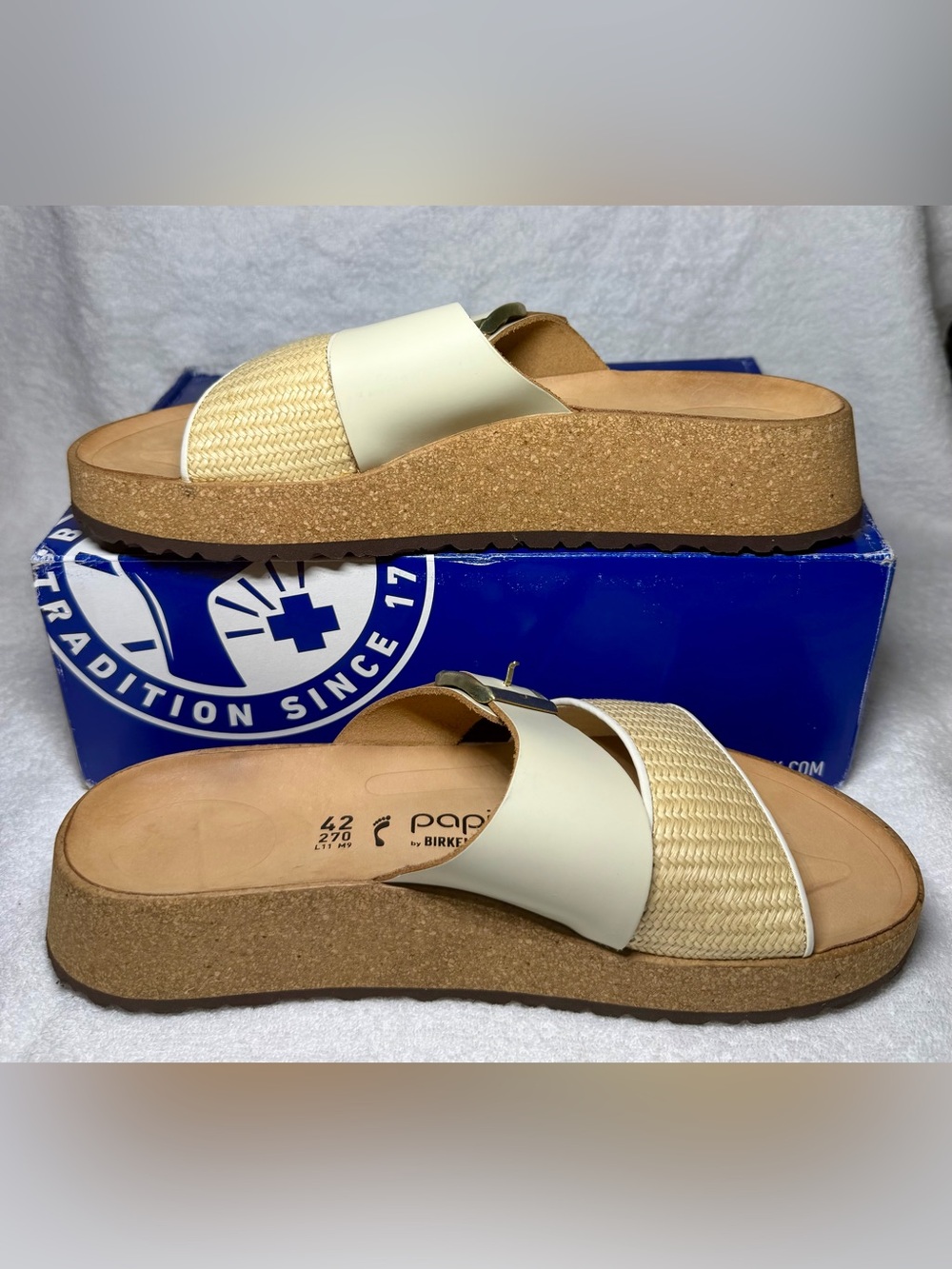 Papillio by Birkenstock Almina French Piping platform sandals in Natural/White.